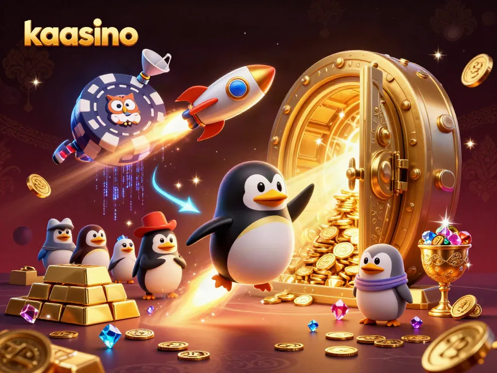 Engage with the vibrant world of kaasino, featuring a rocket-powered penguin amidst casino treasures.