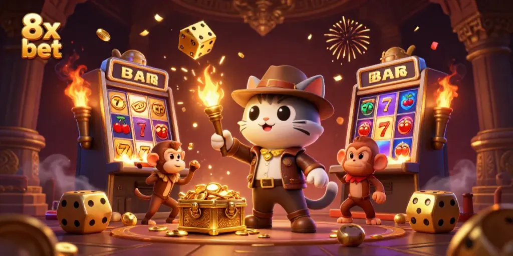Experience thrilling 8x bet adventures with a cartoon explorer and golden casino treasures