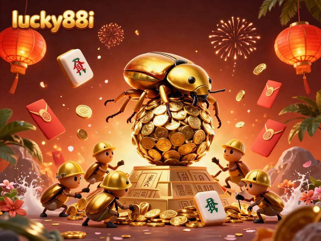 Engage with lucky88i through a vibrant 3D illustration showcasing golden beetles celebrating online casino excitement.