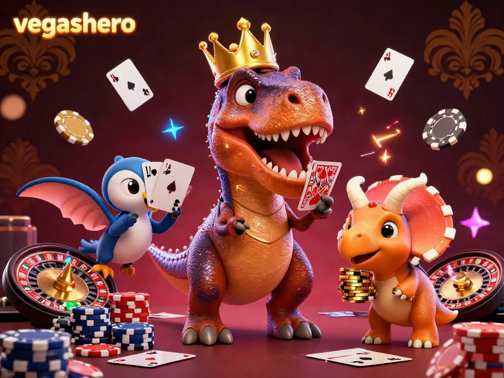 Engaging T-Rex at a casino, showcasing vegashero gameplay with vibrant poker elements and neon effects.