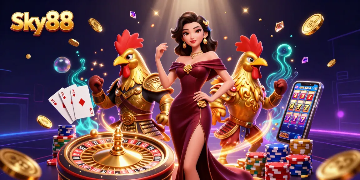 Experience thrilling gameplay at Sky88 with vibrant characters and dazzling casino elements in a 3D illustration.