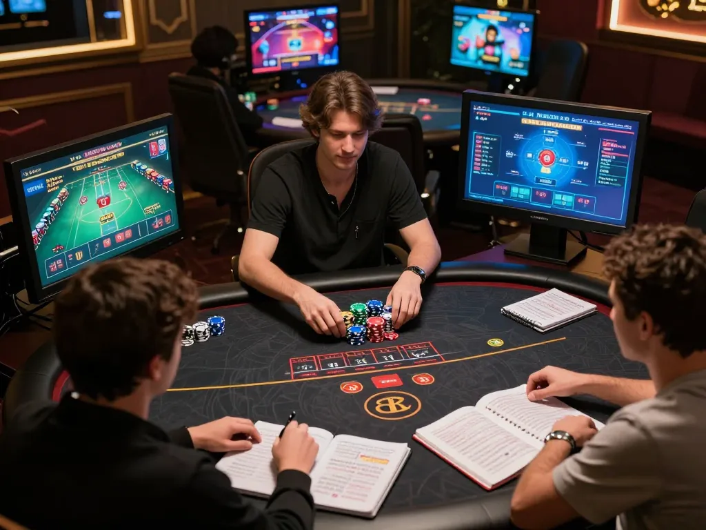 Engage in strategic online gambling at 98win9 with a professional gaming setup, showcasing intense poker gameplay.