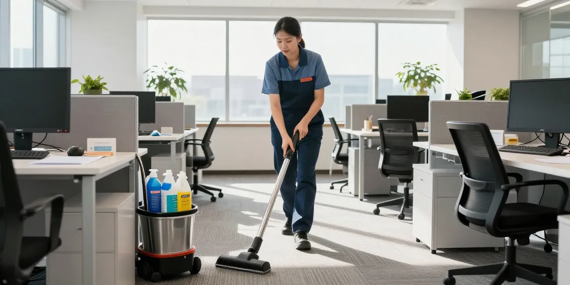 Schoonmaakbedrijf Den Haag professional cleaning a corporate office with sunlight streaming in.