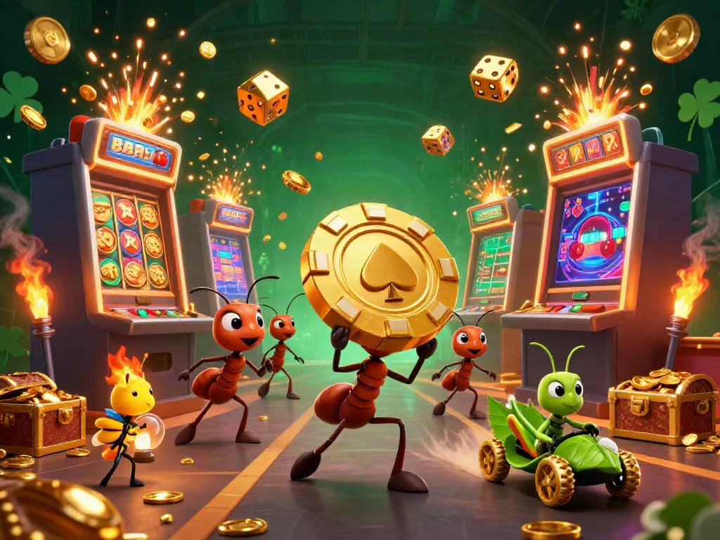 Join the b52-club ants in a vibrant casino heist scene featuring dynamic slot machines.