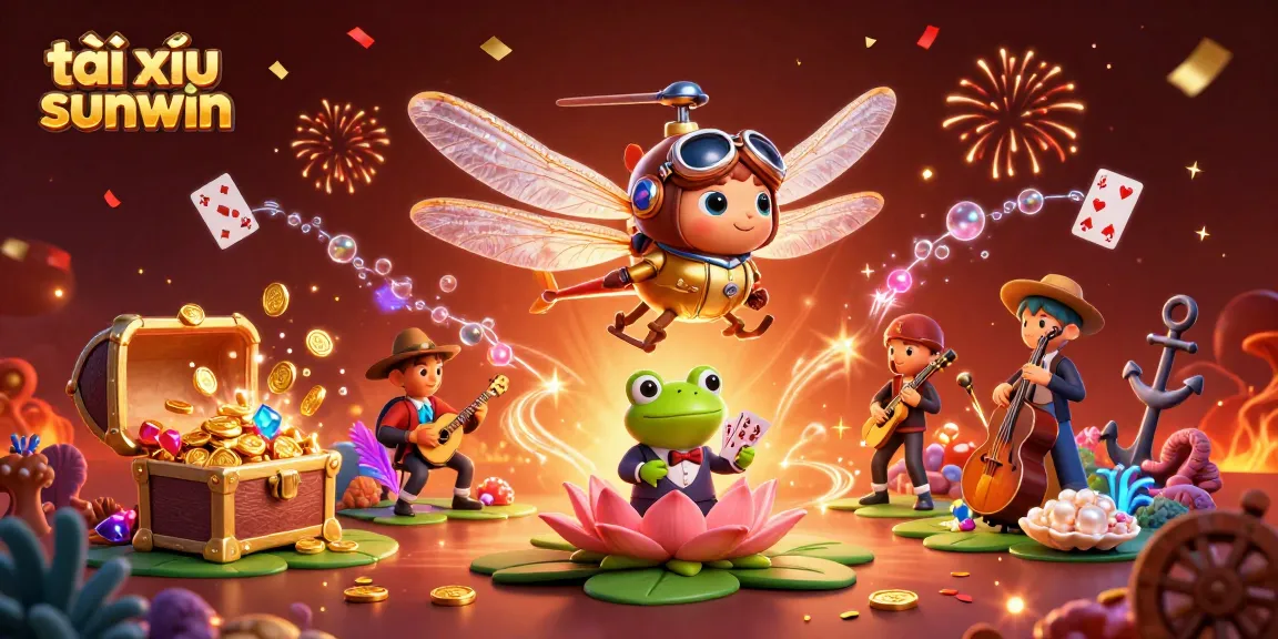 Experience the thrill of tài xỉu sunwin with a lively illustration featuring dragonfly pilots and frog croupiers.