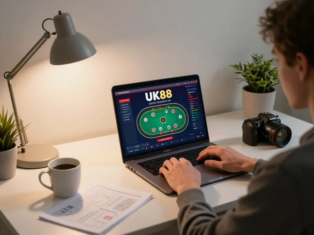 Player engaging in poker on UK88 online casino while studying strategy notes at home