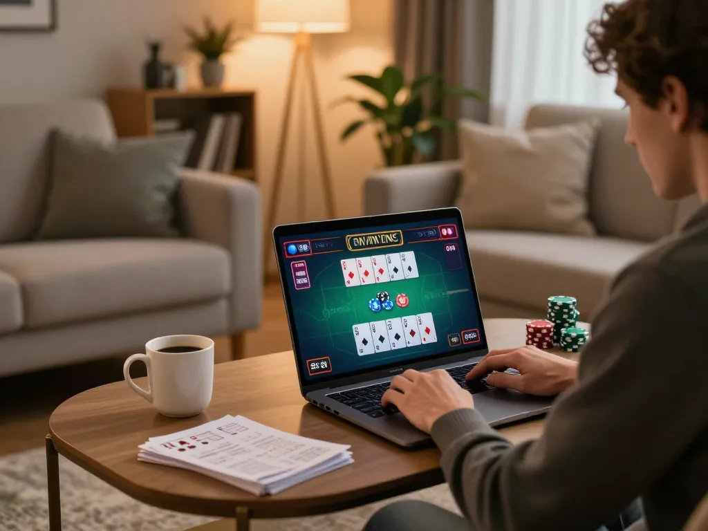 MAY88 player engaging in online blackjack strategy at home, enjoying a relaxed and cozy gaming atmosphere.