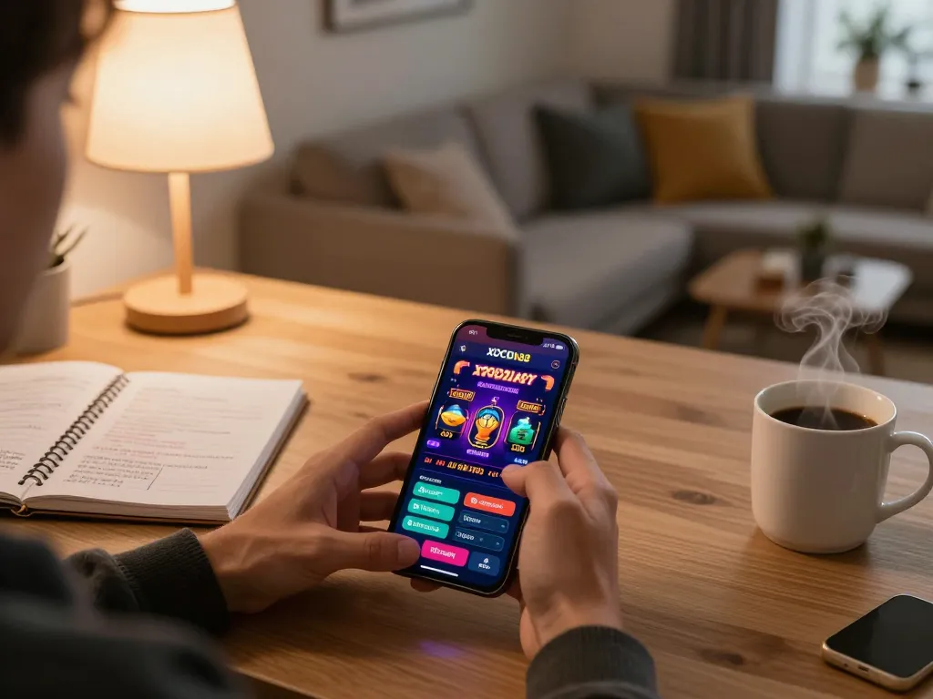 Engaged player using XOCDIA88 app for mobile betting in a cozy home setting.