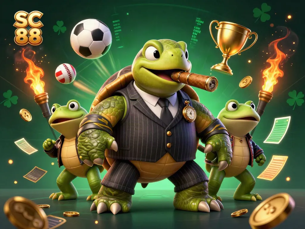 Engage with SC 88’s vibrant 3D casino scene featuring a snapping turtle in a vintage suit surrounded by sports elements.