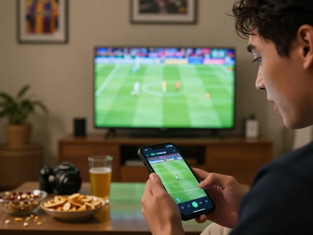 Engaging in sports betting while reviewing kèo nhà cái on smartphone during live soccer game.