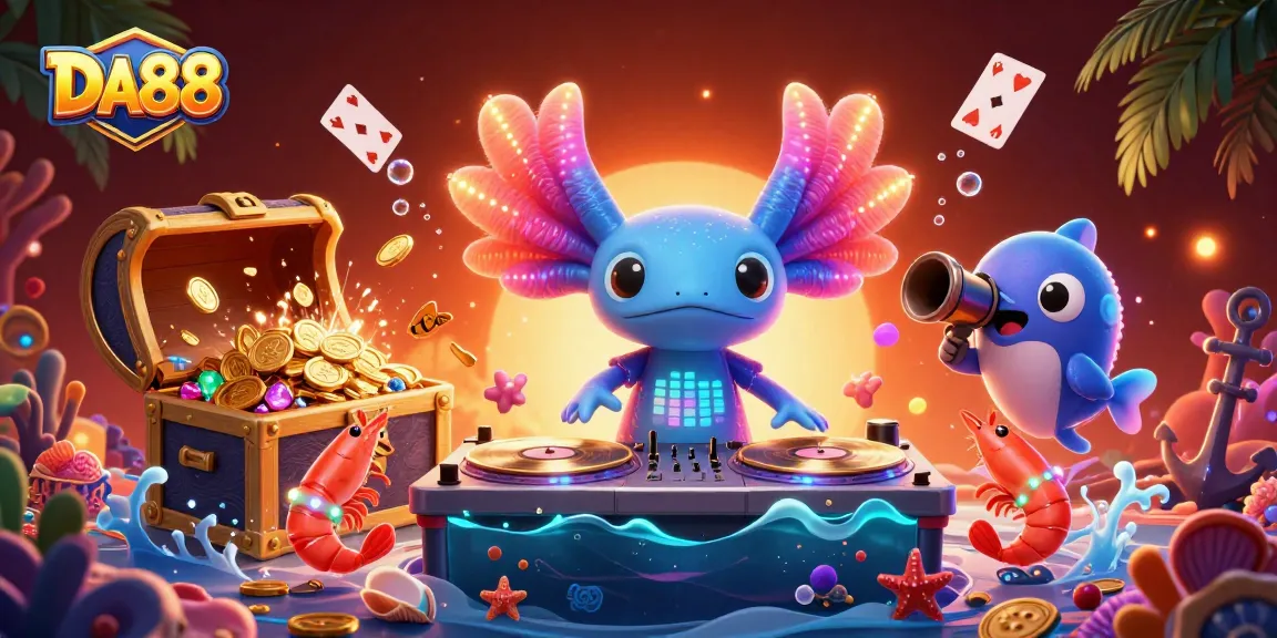 Engage with DA88's vibrant underwater casino scene featuring a DJ axolotl and lively sea creatures.
