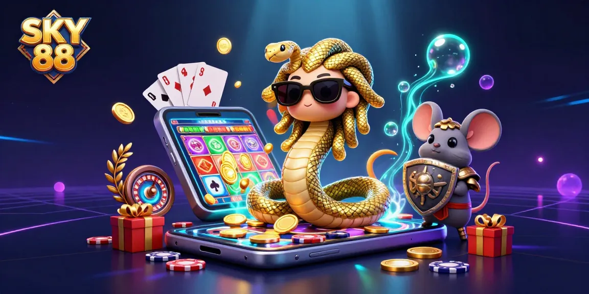 SKY 88 showcases a vibrant 3D scene with friendly characters engaging in an exciting casino experience.