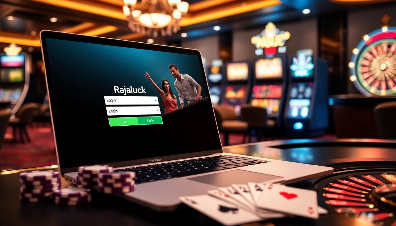 Rajaluck Login interface displayed on a laptop, surrounded by vibrant casino elements like poker chips and slot machines.