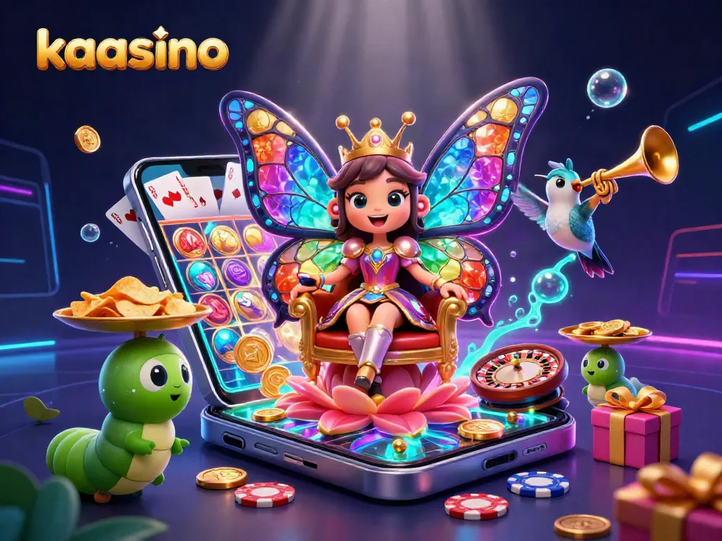 Engage with the vibrant illustration of kaasino, showcasing a charismatic butterfly queen in a rich casino scene.