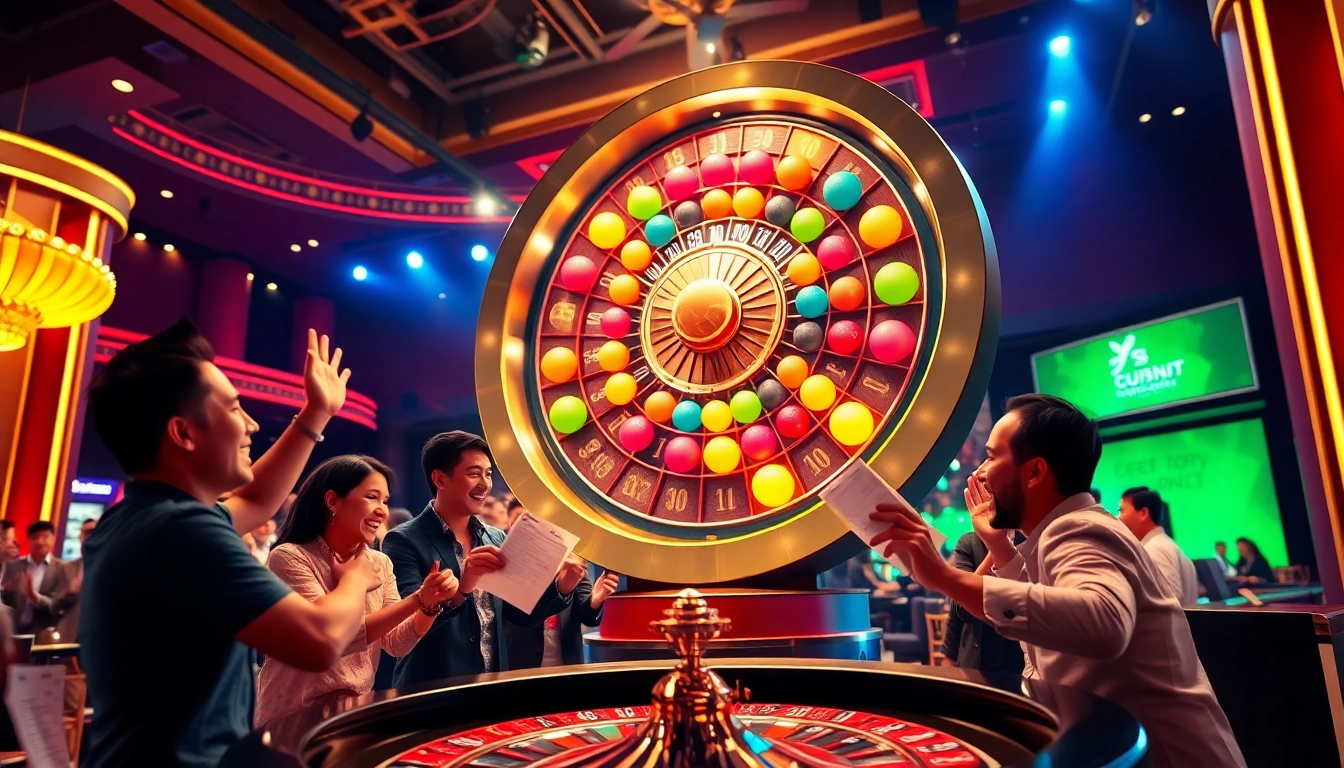 Excited players celebrating Kết quả xổ số during a thrilling lottery draw in a vibrant casino setting.