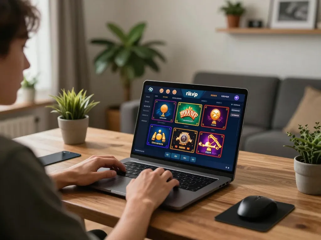 Engaging in online gaming at rikvip via laptop, showcasing enjoyable casino experiences.