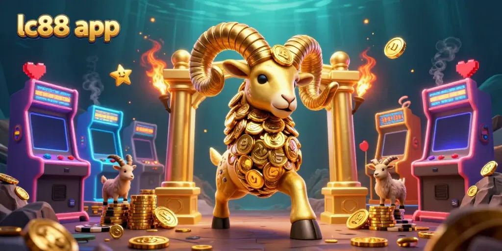Experience thrilling gameplay with the lc88 app in this vibrant casino scene, featuring golden ram and arcade elements.