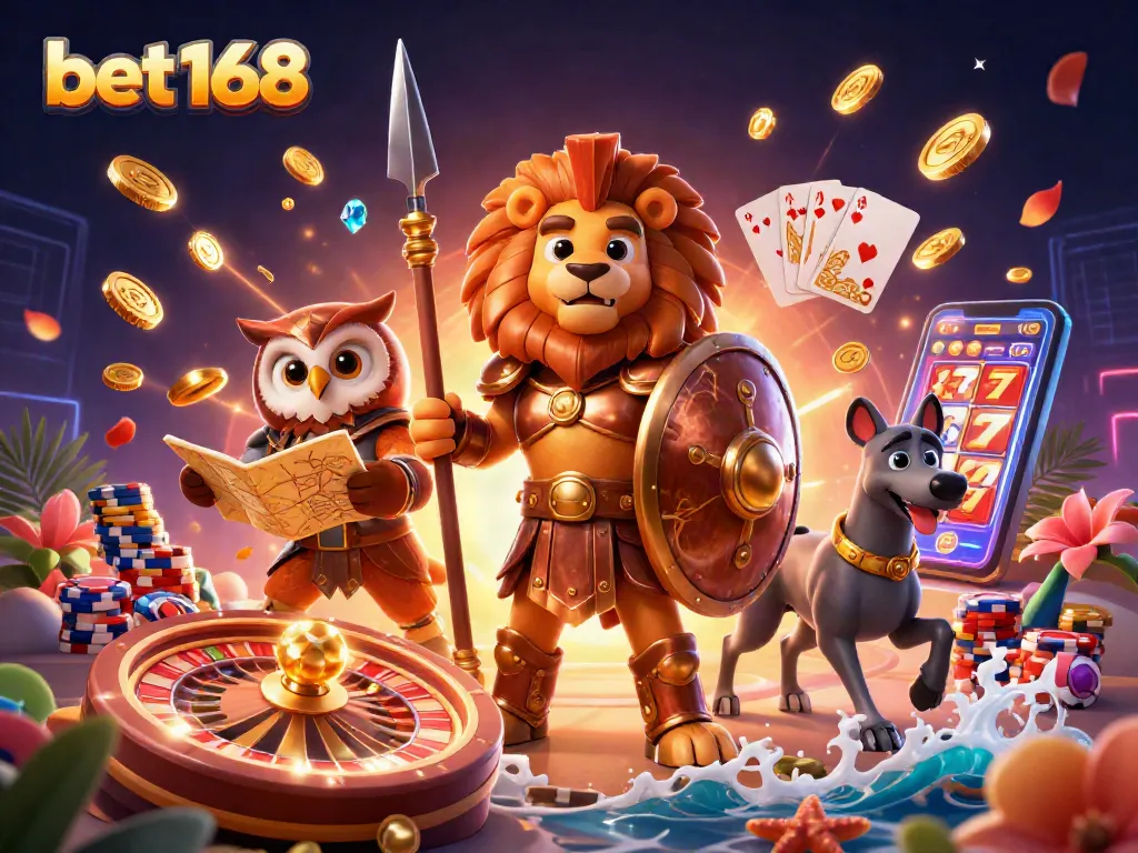 Experience the thrill of bet168 with luxury gaming elements like gold coins and vibrant poker chips.
