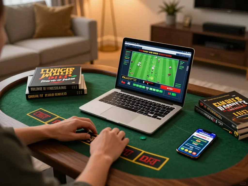 Betting enthusiast using laptop for nhà cái UU88, demonstrating responsible gaming and strategy.