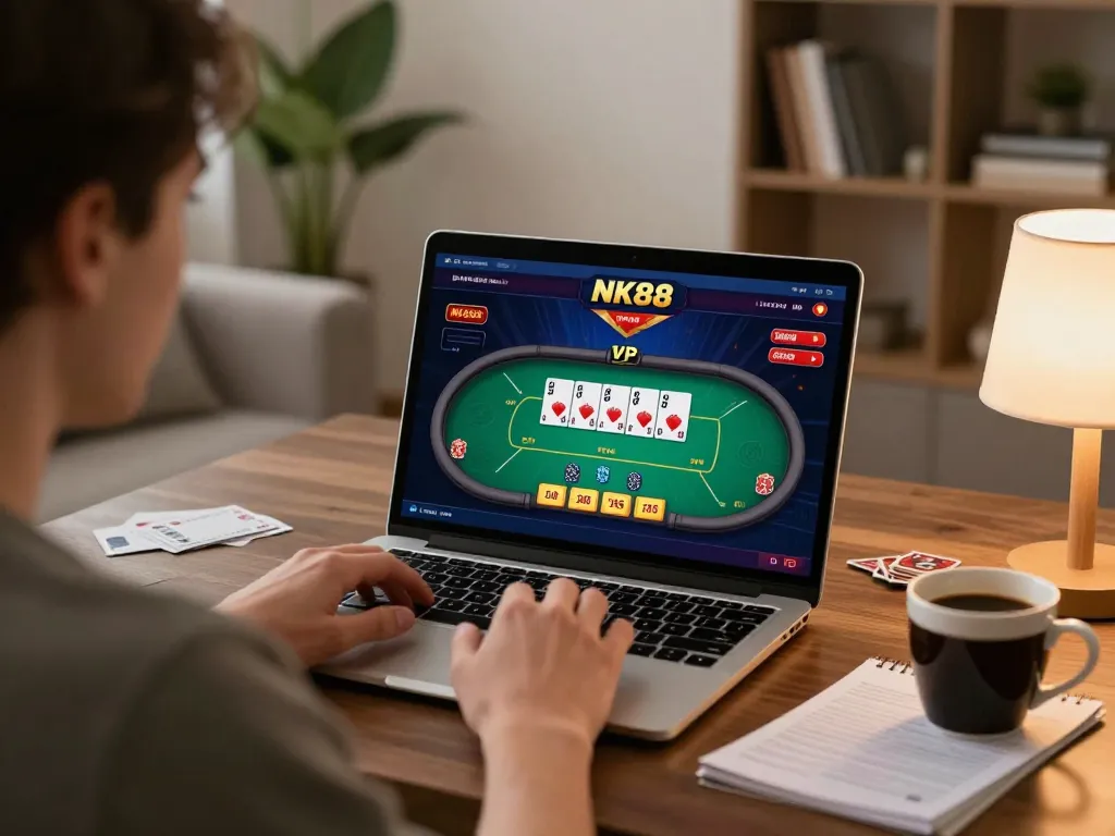 Engaged user playing poker on NK88 online casino with cozy home setup and focused atmosphere.