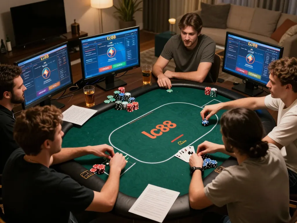Players enjoying an engaging online gaming session on lc88 with poker chips in a cozy environment