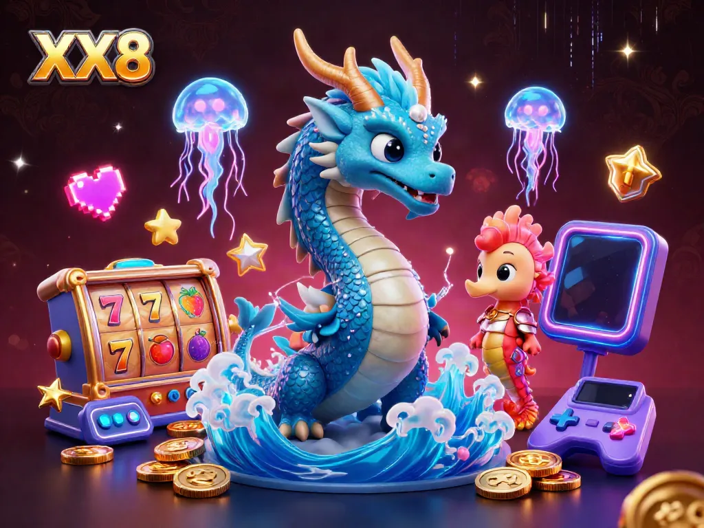 Engage with the mystical XX8 online casino universe featuring azure water dragon and slot reels.