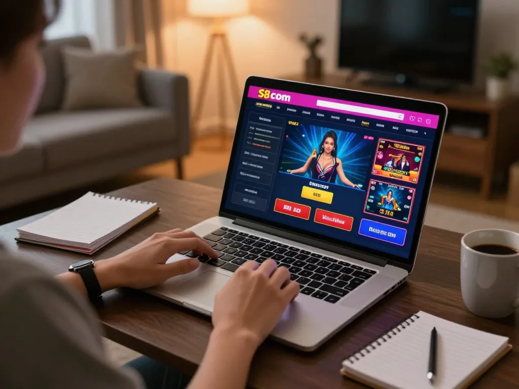 Engaging online gaming session at S8 com with betting options visible on laptop in cozy home