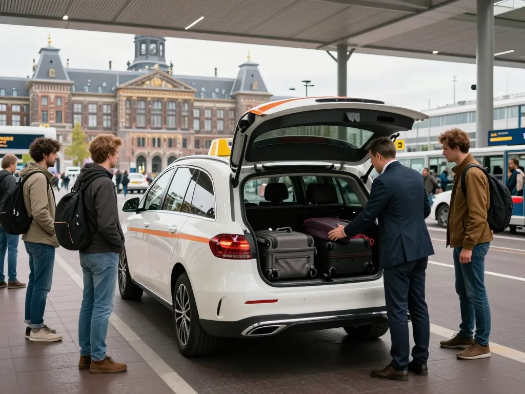 Comfortabele Taxi Amsterdam service met professionele chauffeur die reizigers op de luchthaven helpt.
