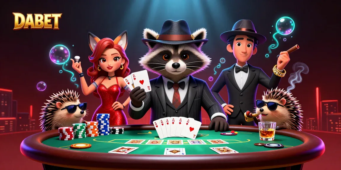 DABET's lively poker scene with a raccoon and fox character amidst vibrant gaming elements.