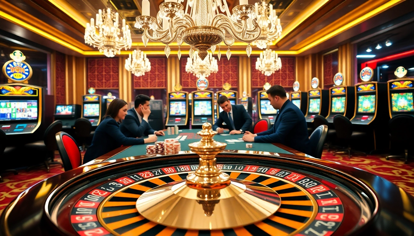Exciting go8 poker action with vibrant colors, elegant casino atmosphere featuring roulette and chips.