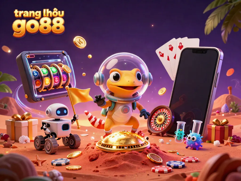 Experience the vibrant atmosphere of trang chủ go88 featuring playful gecko and casino treasures in a Martian setting.
