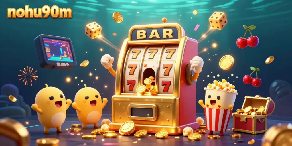 Experience excitement with nohu90m's jackpot slot machine, coins bursting everywhere in a vibrant casino scene.