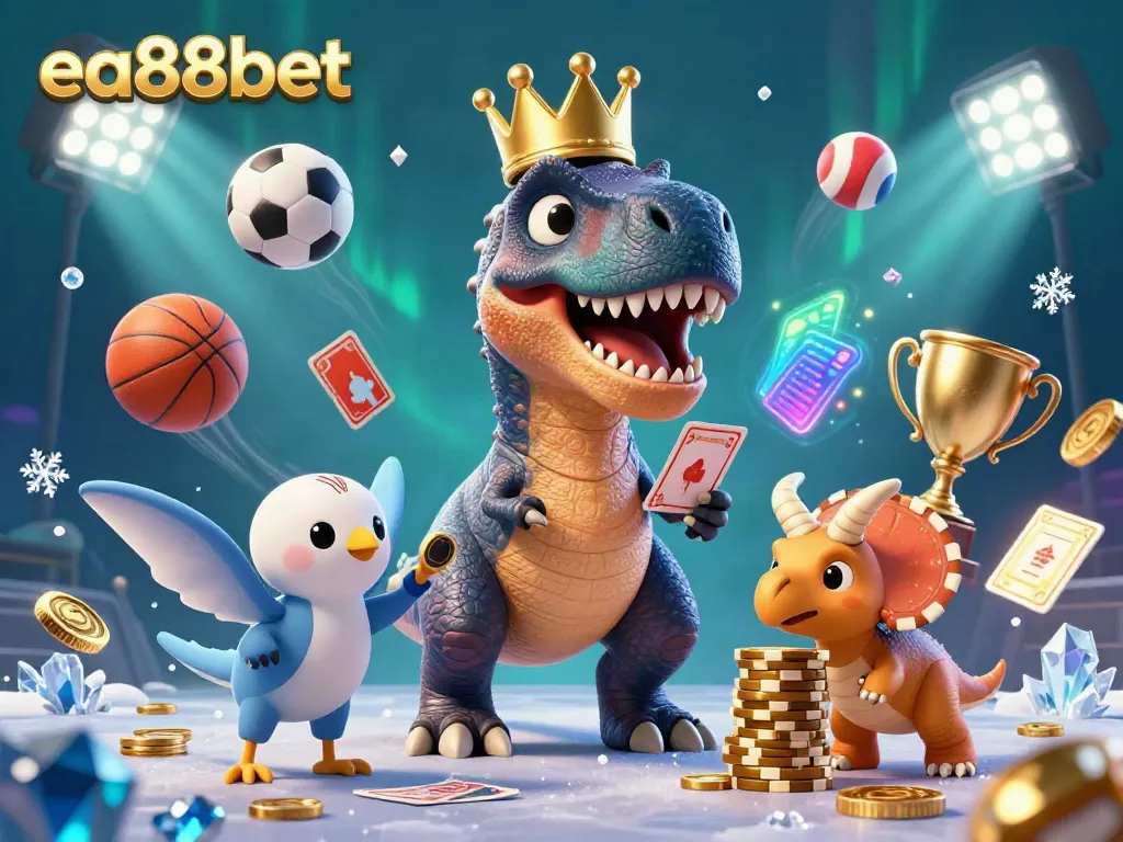 Experience thrilling games at ea88bet with a whimsical scene of playful dinosaurs engaging in casino action.
