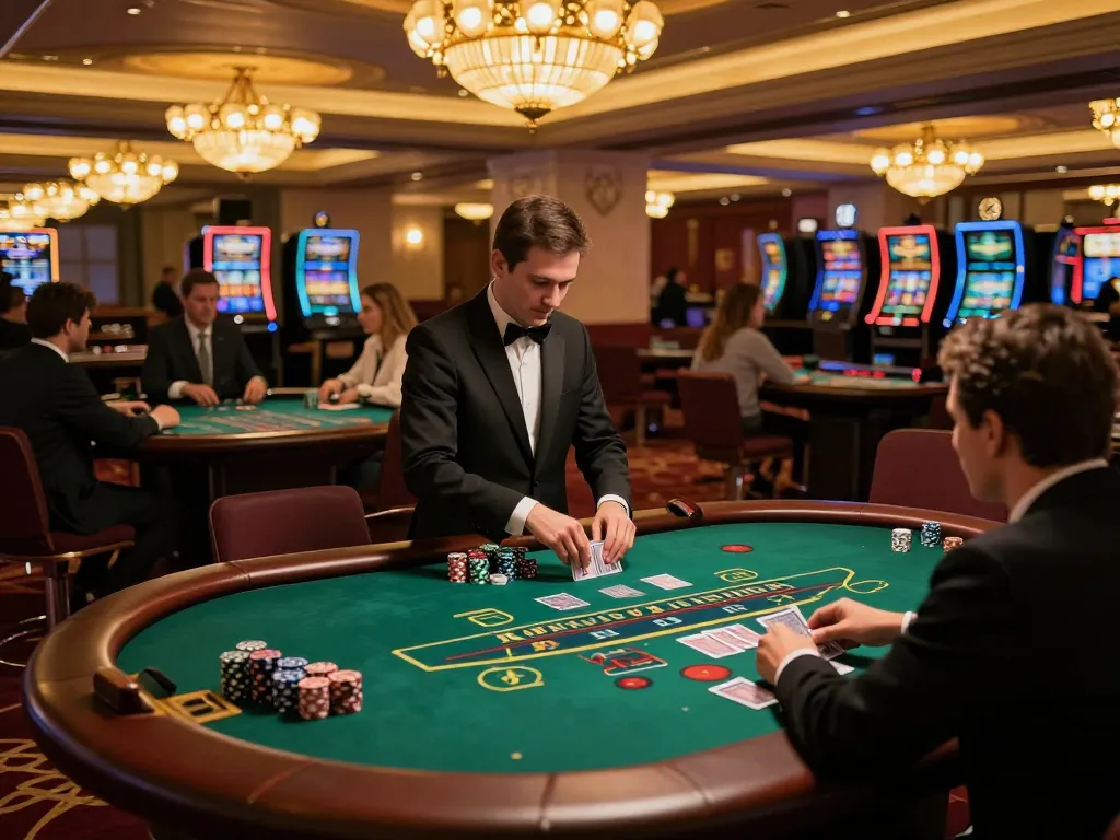Players experiencing the excitement of blackjack at Lucks8 casino, with professional dealers and vibrant atmosphere.
