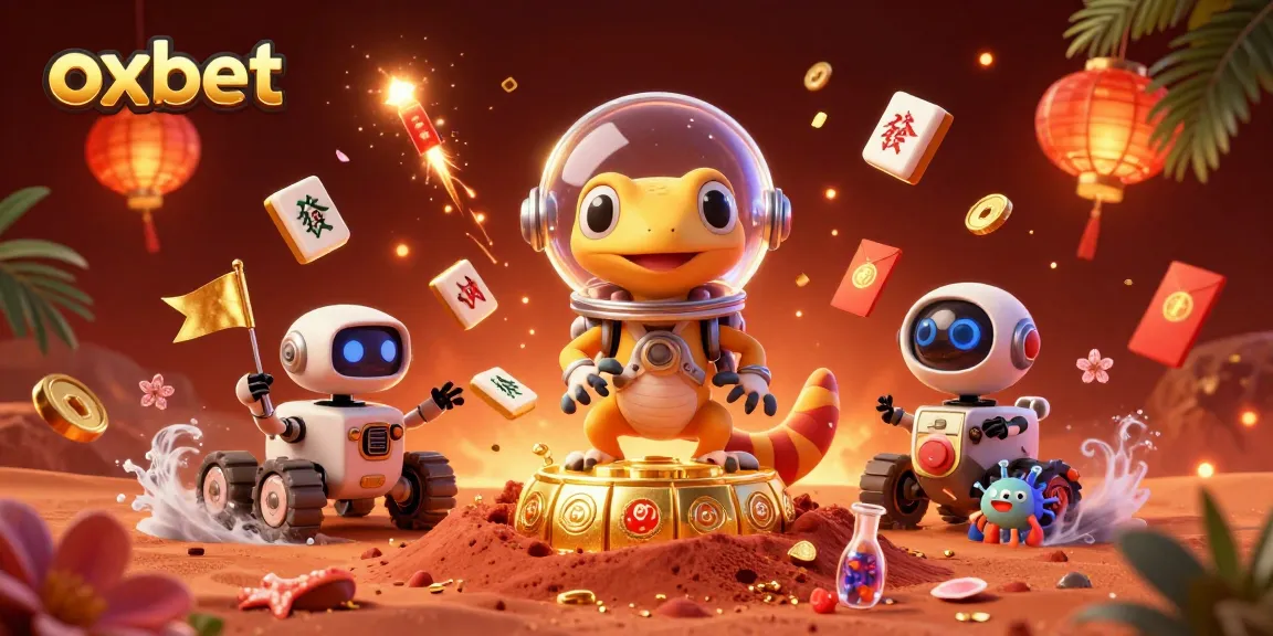 Bet big at OXBET with a Martian gecko discovering a golden casino in this vibrant cosmic scene.