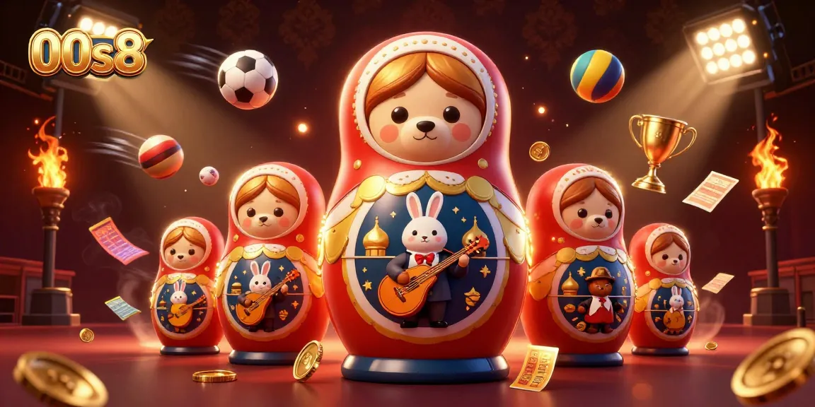 Experience thrilling casino action with 00s8's dynamic scene of Matryoshka bears and sports elements.