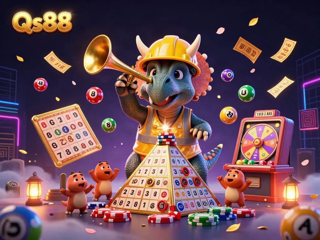 Engage with Qs88's vibrant gaming scene showcasing a triceratops building poker chips amidst colorful lottery elements.