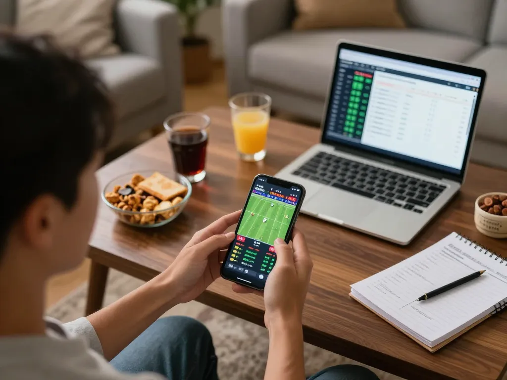 Engaged user placing bets on o8 app during live sports match in cozy home setting