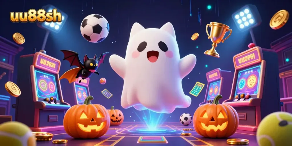 Join the fun at uu88sh with a vibrant 3D casino scene filled with games, friendly ghost cat, and more.