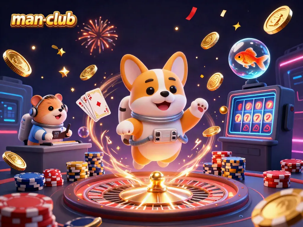 Win big at man-club with a playful astronaut corgi in a vibrant casino space scene.