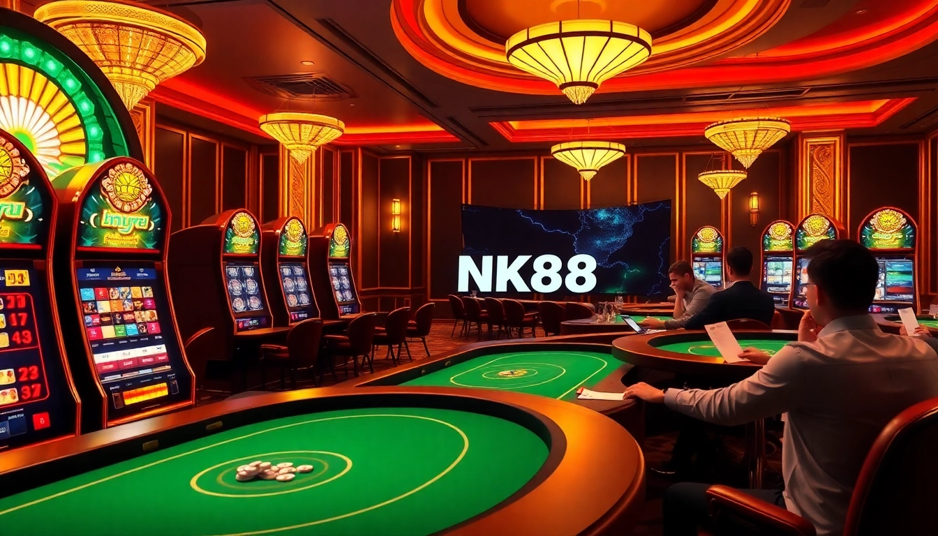 Players enjoying the vibrant NK88 online casino with luxurious gaming tables and exciting features.