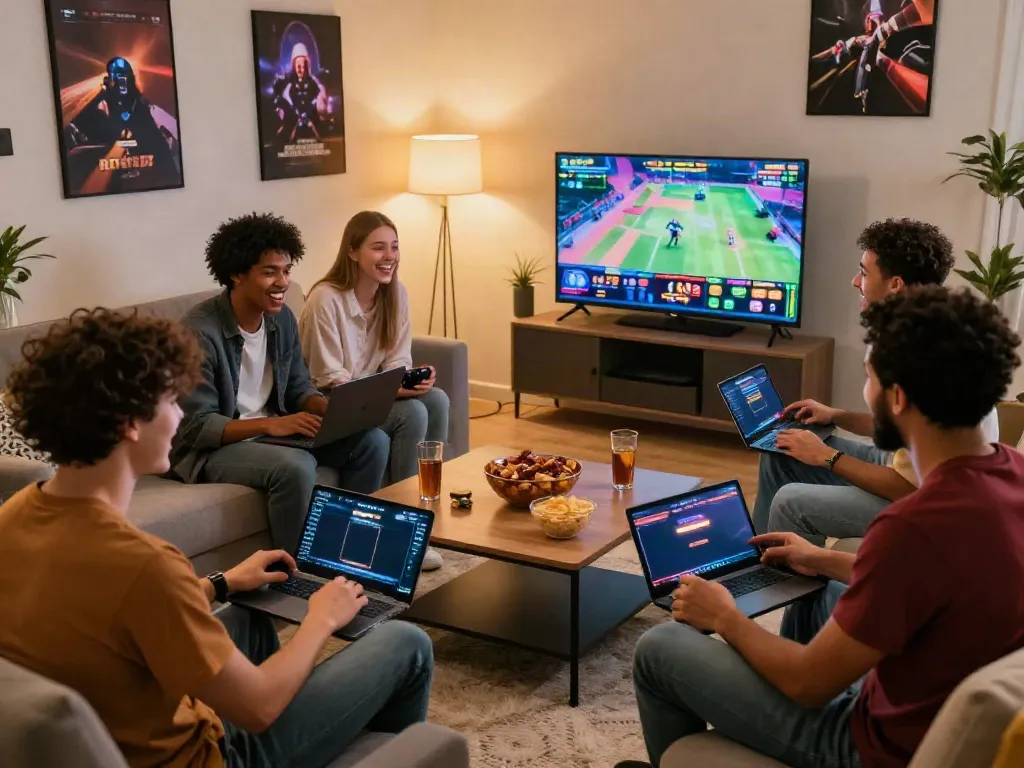 Friends playing rokok88 slot games together in a cozy living room setting