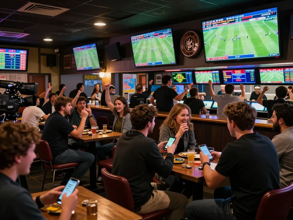 Shooting a thrilling sports betting scene with socolive2 in action at a lively sports bar.
