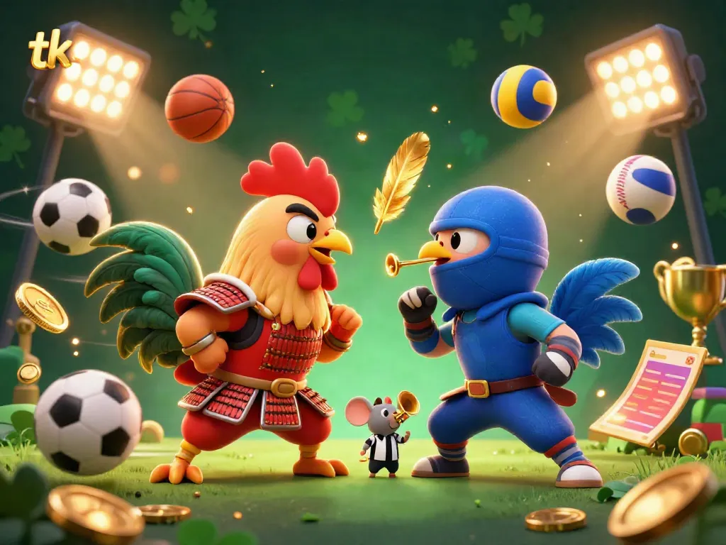Engage with tk88 in a dynamic standoff featuring fighting roosters, golden trophies, and sports elements.