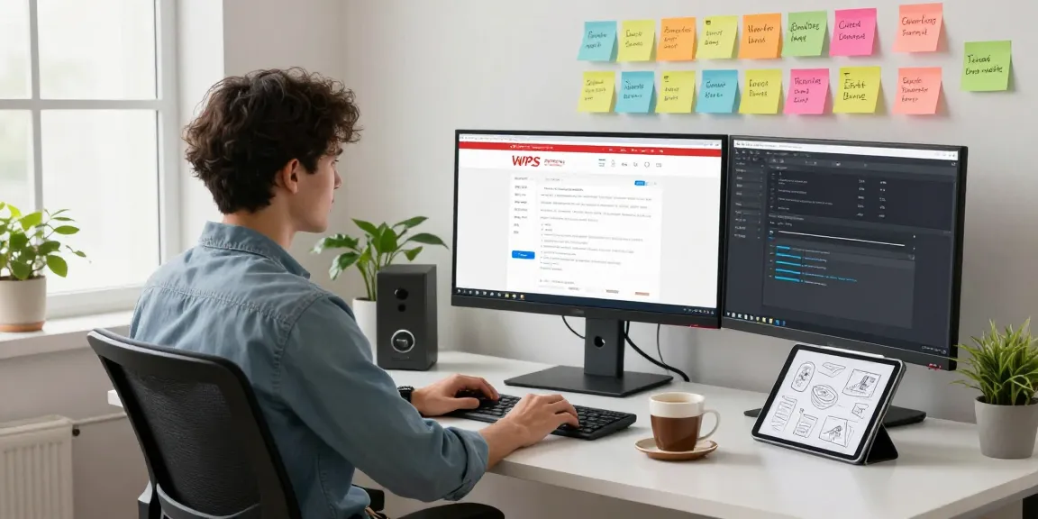 Software engineer reviewing WPS Official Website in modern office environment with multiple screens.