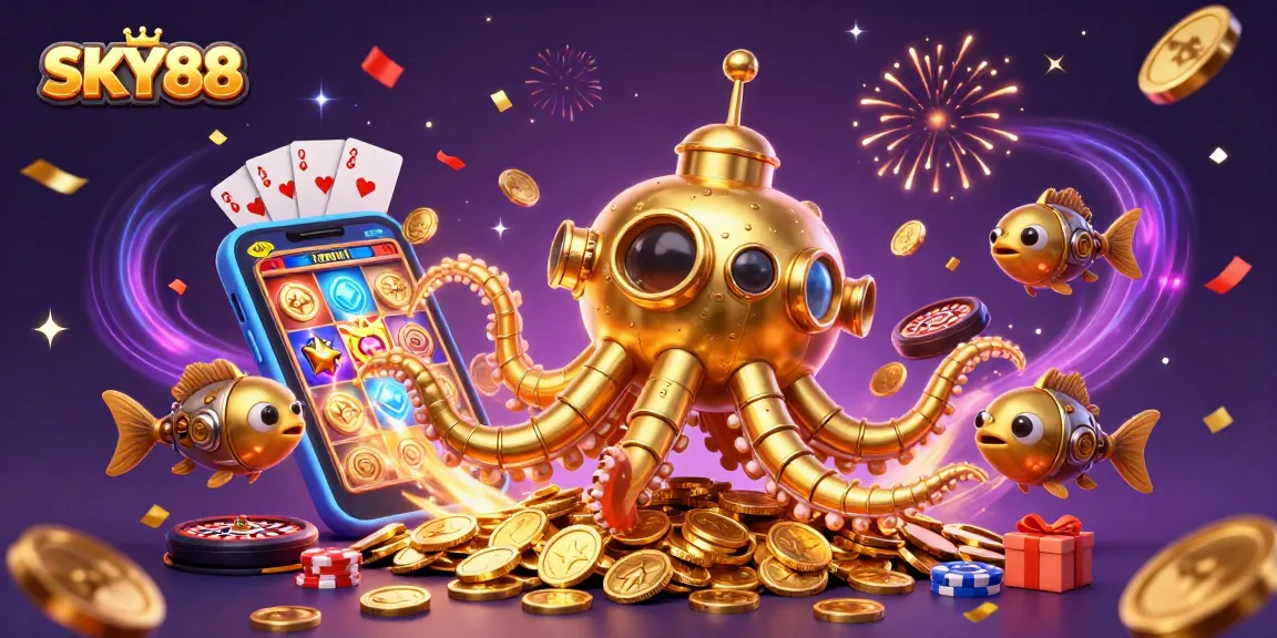 SKY88 engages players with thrilling casino games featuring golden kraken submarine and mechanical fish.