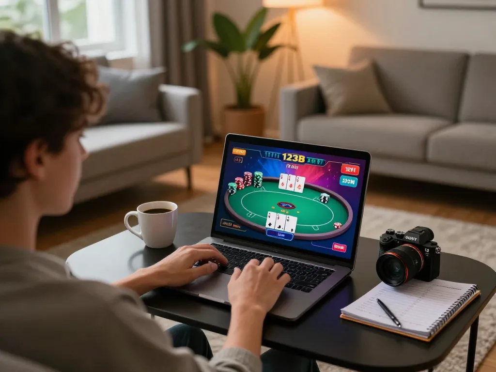 Person engaging in a poker game at 123B online casino from their cozy living room.