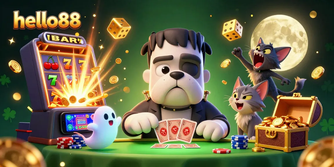 Hello88 captivates players with a thrilling 3D illustration showcasing a Frankenstein bulldog masterfully dealing cards amid a jackpot explosion.