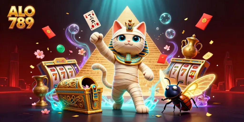 Engage in thrilling slots action with ALO 789 as a cartoon mummy cat bursts from a golden sarcophagus.