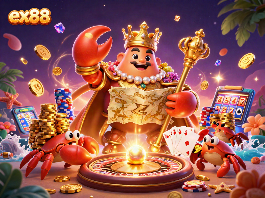 Spin to win with ex88 as the golden crab emperor oversees a treasure-filled casino adventure.